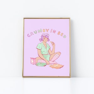 Crumby In Bed (Mini Print, 5x7)  Kawaii, Lavender, Snacks Art, Aesthetic Art, Pastel Goth, GamerGirl eGirl Tumblr