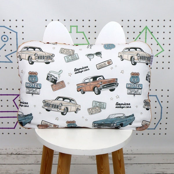 American Vintage Car Baby Pillow, Route 66  Boy Cotton and Minky Pillow, Size Toddler or Kids  | Nuva
