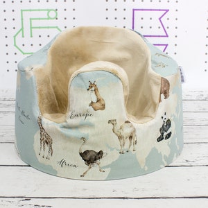 Blaue Weltkarte Bumbo Sitzauflage, handgemachte Sitzauflage für Bodensitz Bumbo, Tiere ausgestattet Bumbo Bezug | Neu