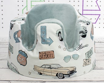 Retro Car Bumbo Seat Cover, Handmade cover for Floor Seat Bumbo, Route 66 Fitted Bumbo seat | Nuva