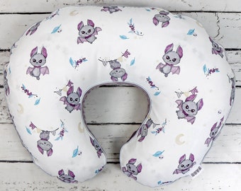 White Baby Bats Nursing Pillow Cover, Cute Vampire Bats Monogrammed Handmade Cotton and Minky Cover With Zipper | Nuva