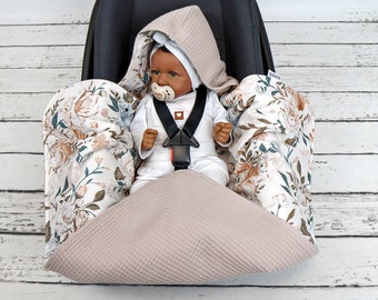 100% cotton Car Seat Blanket, Waffle and Natural Garden cotton Hooded Car Blanket, Cotton Wrap Car Blanket | Nuva