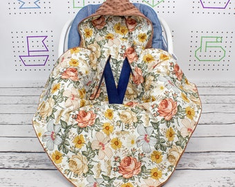 Vintage Garden Car Seat Blanket, Personalized Hooded Carseat Blanket, Retro Flower Swaddle Travel blanket, Wrap Car Blanket | Nuva