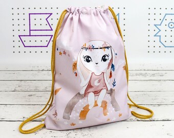Boho Bunny on Rainbow Baby Backpack, Moon and Rainbow Boho Custom Kids Bag, Sac de sport étanche avec nom, Sac pour enfant d'âge préscolaire | Nuva