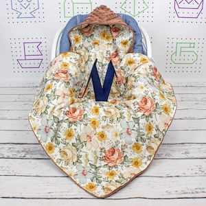 Manta para asiento de coche con diseño de jardín vintage, manta personalizada con capucha para asiento de coche, manta de viaje con diseño de flores retro, manta envolvente para coche / Nuva