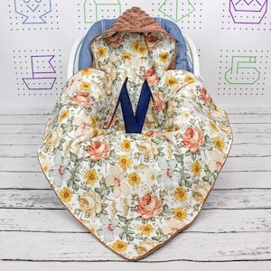 Vintage Garden Car Seat Blanket, Personalized Hooded Carseat Blanket, Retro Flower Swaddle Travel blanket, Wrap Car Blanket | Nuva