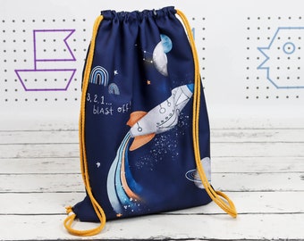 Sac à dos pour bébé Space Navy, sac personnalisé pour enfants Spaceship Rocket, sac de sport étanche avec nom, sac pour enfant d'âge préscolaire | Nuva