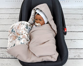 Natural Garden Waffle Car Seat Blanket, 100% cotton Hooded Car Blanket, Floral Cotton Wrap Car Blanket | Nuva