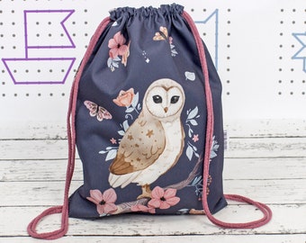 Hiboux bleu marine dans le sac à dos de fleurs de bébé, sac personnalisé d'enfants, sac de gymnastique imperméable avec le nom, sac pour l'enfant d'âge préscolaire | Nuva