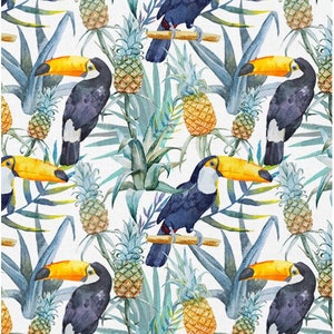 Pineapple and Toucan Cotton Fabric Tropical Premium Digital Print Cotton, Width 155cm /61"