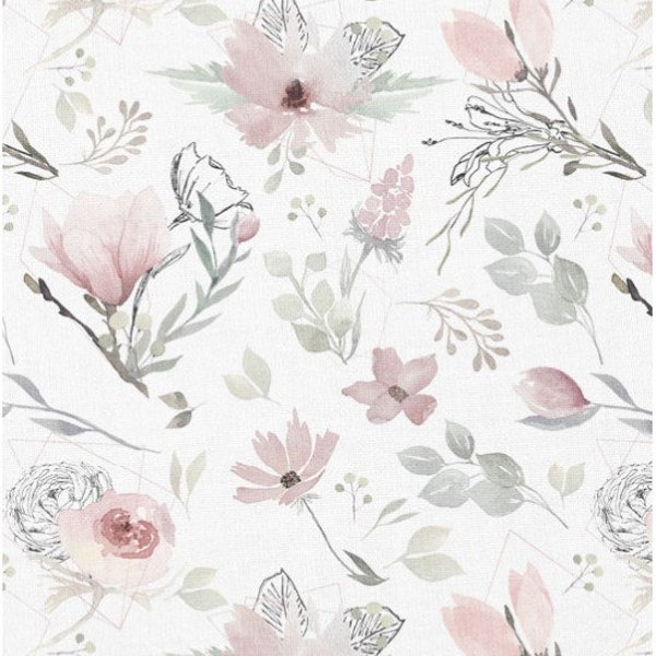 Magnolia Flower Cotton Floral Fabric by the Yard, Vintage Quilting Fabric, Width 155cm /61", Stoff Magnolie