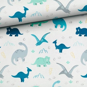 90 cm White Dinosaur Cotton Fabric, Dino Modern Nursery, Premium Digital Print Cotton, Width 155cm /61"