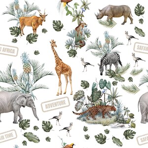Abenteuer Safari Tiere Baumwollstoff, Baumwolle Elefant, Gepard, Giraffe, Zebra, Premium Digital Druck Baumwolle, Breite 155 cm