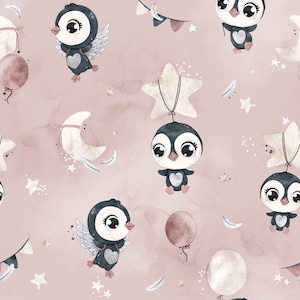 Rose Dream Penguins Cotton Fabric, Stars and Moon Modern Nursery, Premium Digital Print Cotton, Width 155cm /61&quot;
