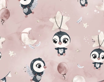 Rose Dream Penguins Cotton Fabric, Stars and Moon Modern Nursery, Premium Digital Print Cotton, Width 155cm /61"
