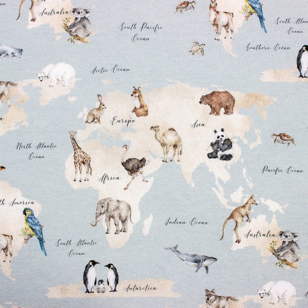 Blue World Map with Animals Stretch Knit Fabric, Travel Digital Print French Terry Knit Cotton, High quality Knitwear, Width 150cm /59"