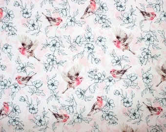 Pink Birds in Flowers Cotton Fabric, House Finch Premium Digital Print Cotton, Width 155cm /61"