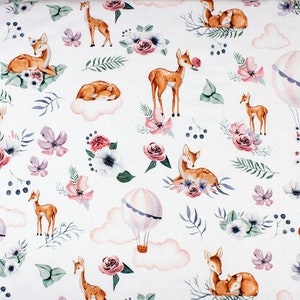 Deer in Flower Fabric, Forest Animals Woodland Cotton Fabric, Flowers Roe, and Balloon Premium Digital Print Cotton, Width 155cm /61"