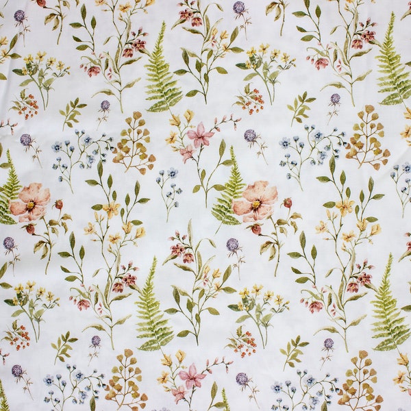 Field Flowers Cotton Fabric, Floral Garden Modern Nursery, Premium Digital Print Cotton, Width 155cm /61"