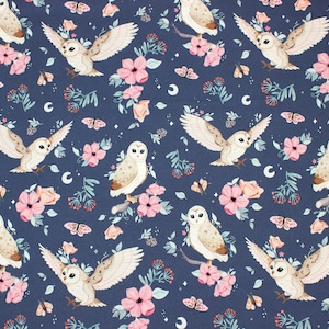 Eulen in Blumen blau, Eulen in Blumenmuster, Boho Eulen, Modernes Kinderzimmer, Premium Digitaldruck Baumwolle, 155 cm breit