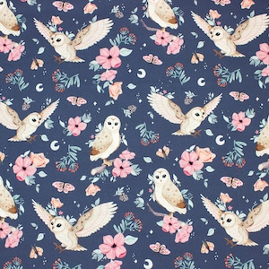 Navy Owls in Flowers Cotton Fabric, Boho Owls Modern Nursery, Premium Digital Print Cotton, Width 155cm /61"