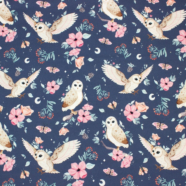 Chouettes bleu marine en tissu de coton fleurs, pépinière moderne Boho Owls, coton imprimé numérique premium, largeur 155cm /61 »