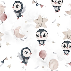 White Dream Penguins Cotton Fabric, Stars and Moon Modern Nursery, Premium Digital Print Cotton, Width 155cm /61"