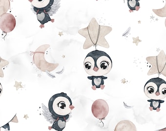 Penguin Cotton Fabric: Stars & Moon Print - Nursery Decor