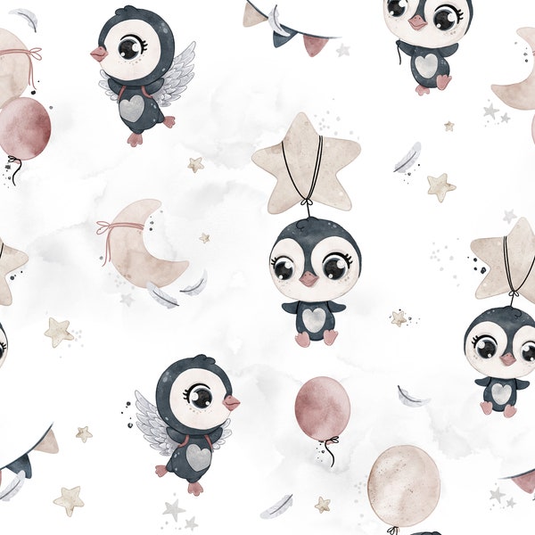 Tissu en coton White Dream Penguins, Stars and Moon Modern Nursery, Premium Digital Print Cotton, Largeur 155cm /61 »