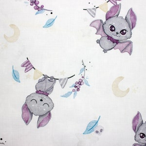 White Baby Bats Cotton Fabric, Cute Vampire Bats Nursery Cotton, Halloween fabric. Premium Digital Print Cotton, Width 155cm /61"