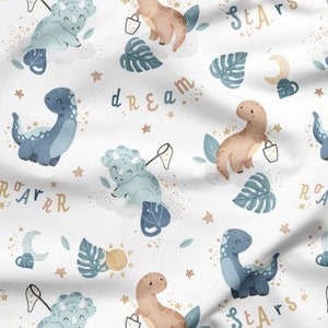 White Dino Dream Cotton Fabric, Dinosaur Nursery, Premium Digital Print Cotton, Width 155cm /61"