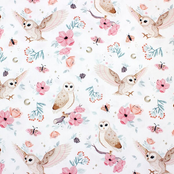 Hiboux blancs en tissu de coton fleuri, Boho Owls Modern Nursery, Premium Digital Print Coton, largeur 155cm /61 »