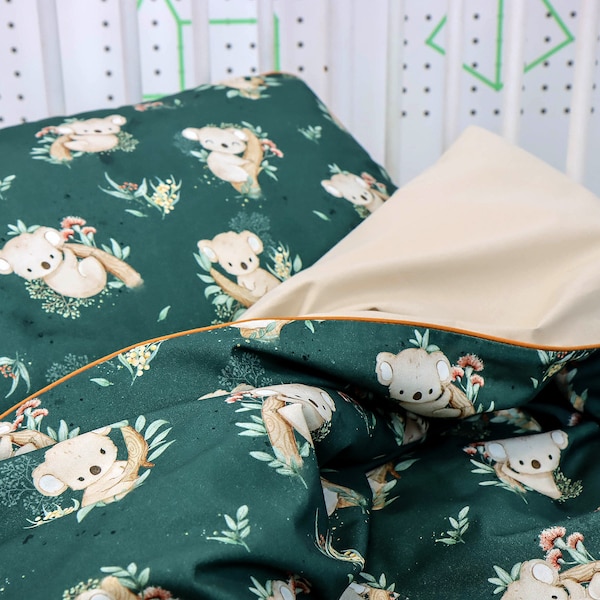 Parure de lit pour enfant et bébé Koala vert, ours Koala et eucalyptus en coton doux Housse de couette et taie d'oreiller | Nuva