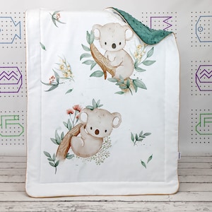White Koala Crib Blanket, Koala Bears and Eucalyptus Personalized Cotton and and Minky Blanket 75x100 cm / 39”x29”  | Nuva