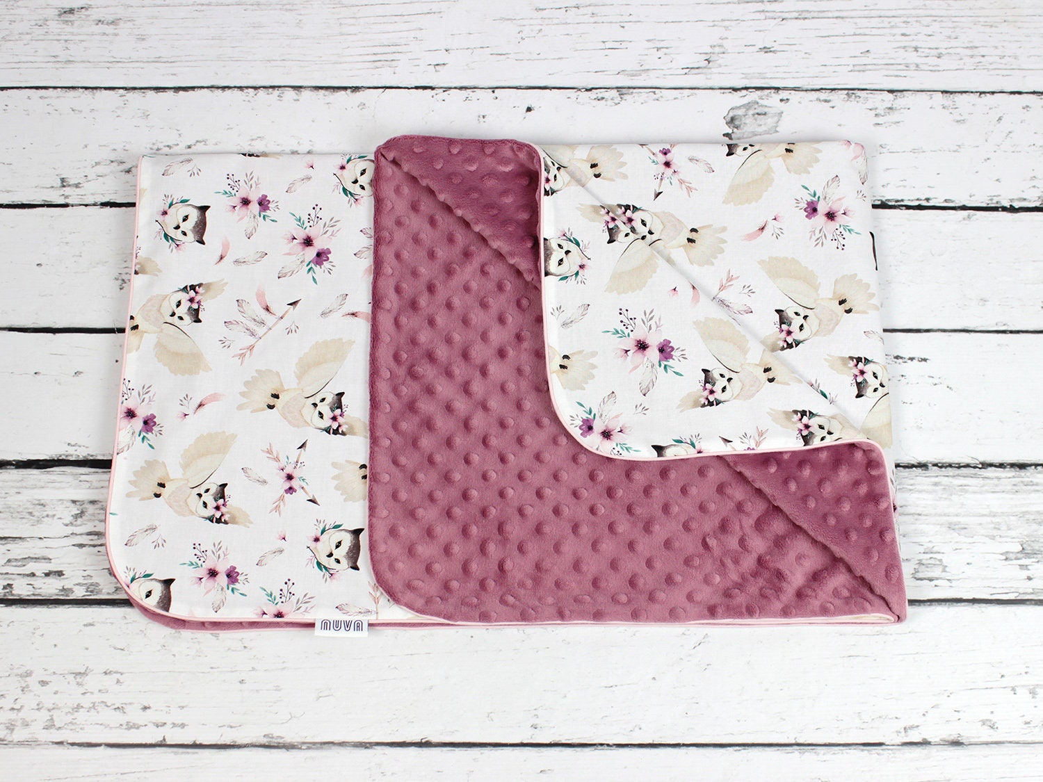 Boho Owls Baby Blanket, Personalized Handmade Minky Blanket, Monogrammed Girl Blanket | Nuva