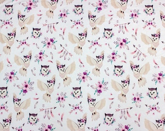 Boho Owls Stretch Knit Fabric, Digital Print French Terry Knit Cotton, High quality Knitwear, Width 155cm /61"
