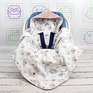 Magnolia Floral Car Seat Blanket, Personalized Hooded Carseat Blanket, Floral Swaddle Travel blanket, Wrap Car Blanket | Nuva