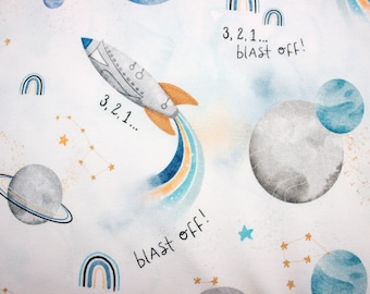 Tejido de punto elástico blanco espacial, estampado digital de cohete espacial, tejido de punto French Terry de algodón, prendas de punto de alta calidad, ancho 150 cm / 59".