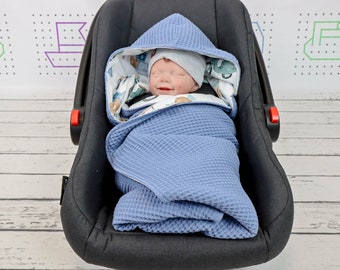 Retro Boys Waffle Car Seat Blanket, 100% cotton Hooded Car Blanket, Boy Cotton Wrap Car Blanket | Nuva