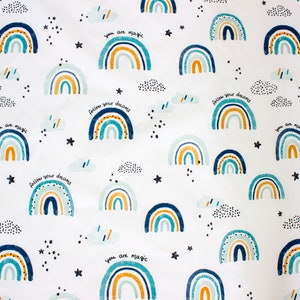 Blue Rainbow Cotton Fabric, Watercolor Modern Nursery, Premium Digital Print Cotton, Width 155cm /61"