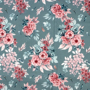 Wild Roses in Blue Flower Cotton Fabric, Floral Modern Nursery, Premium Digital Print Cotton, Width 155cm /61&quot;