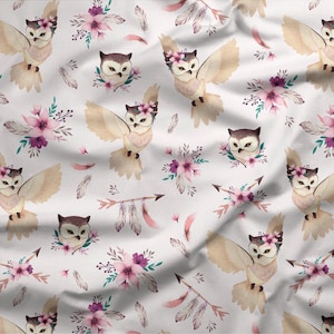 Boho Owls Cotton Fabric, Bohemian Modern Nursery, Premium Digital Print Cotton, Width 155cm /61&quot;