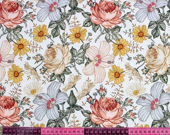 Vintage Floral Cotton Fabric: Botanical Print, Roses, Daisies