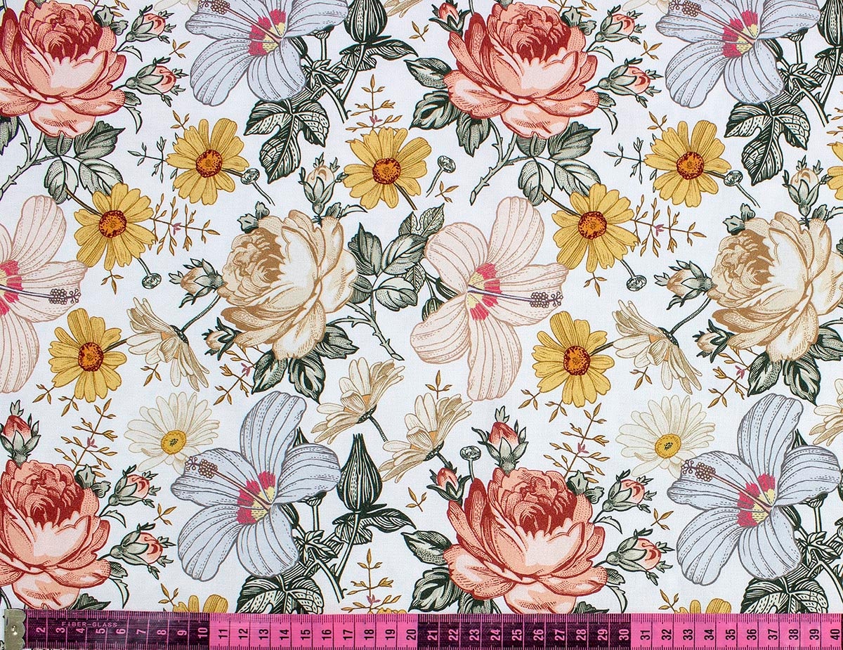 Vintage Garden Flowers Cotton Fabric, Floral Garden Modern Nursery