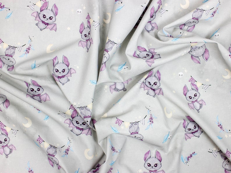 Premium digital print cotton fabric with gray bats pattern