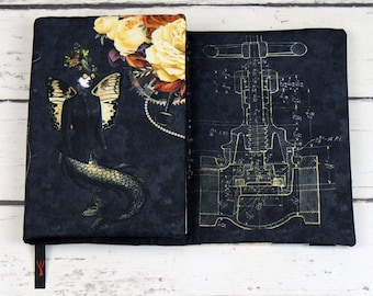 Couverture de livre enveloppante réglable grise steampunk pour livre broché et couverture rigide, carnet et journal, jaquette en tissu | Nuva