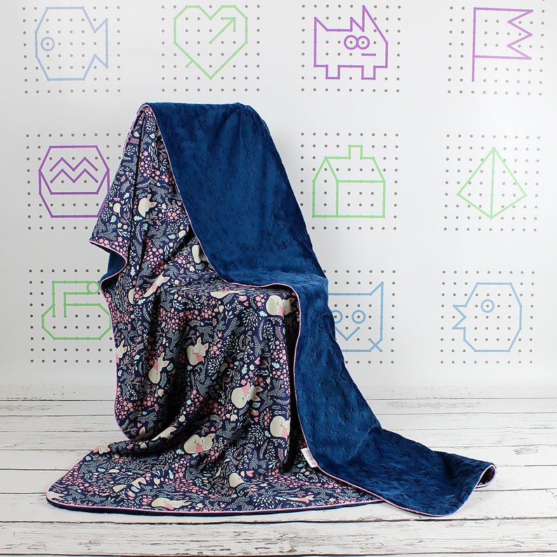 Navy Sleeping Fox Baby Blanket Girl Minky Blanket Etsy