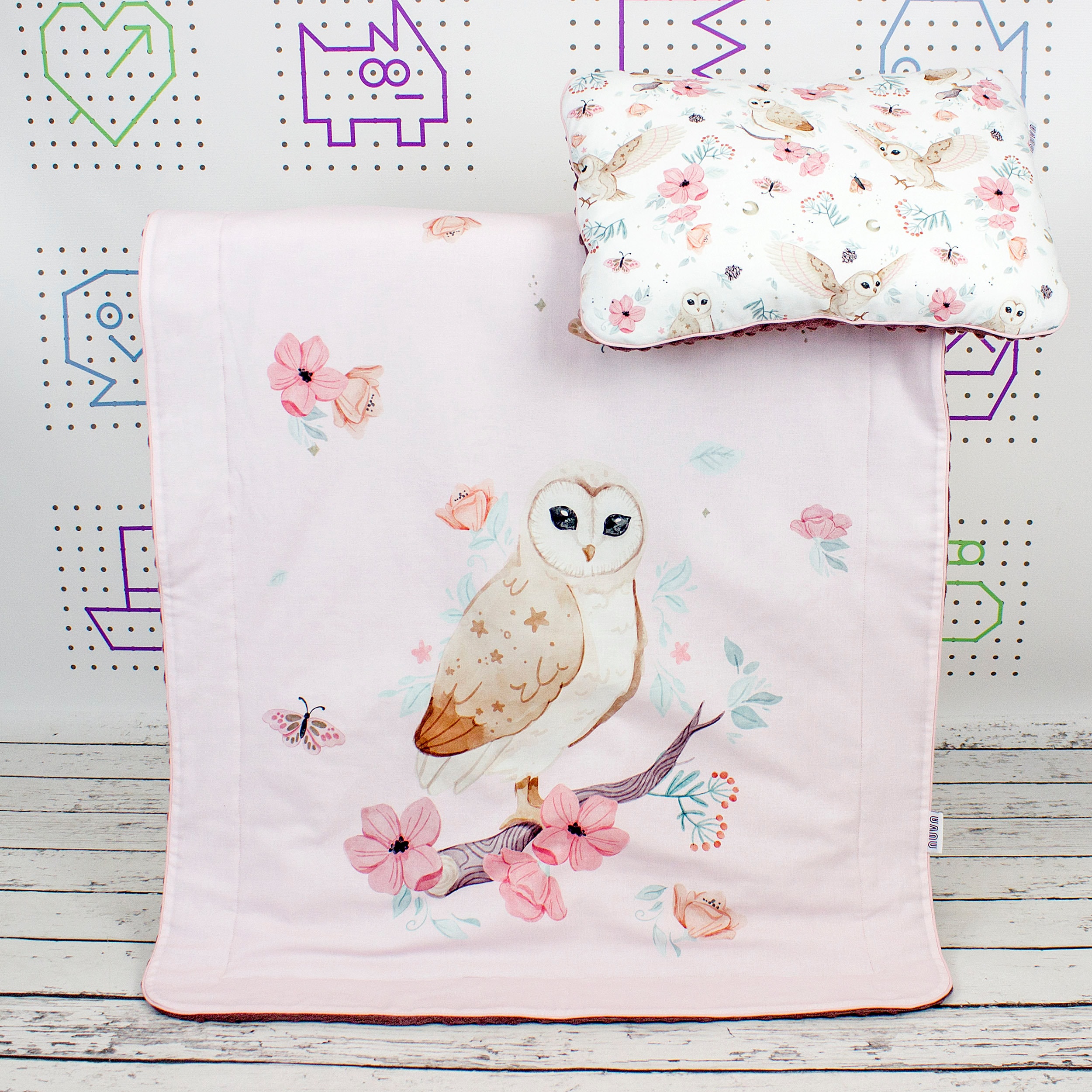 Owl in Flowers Baby Bedding Set – Cotton & Minky Blanket with Crib Pillow