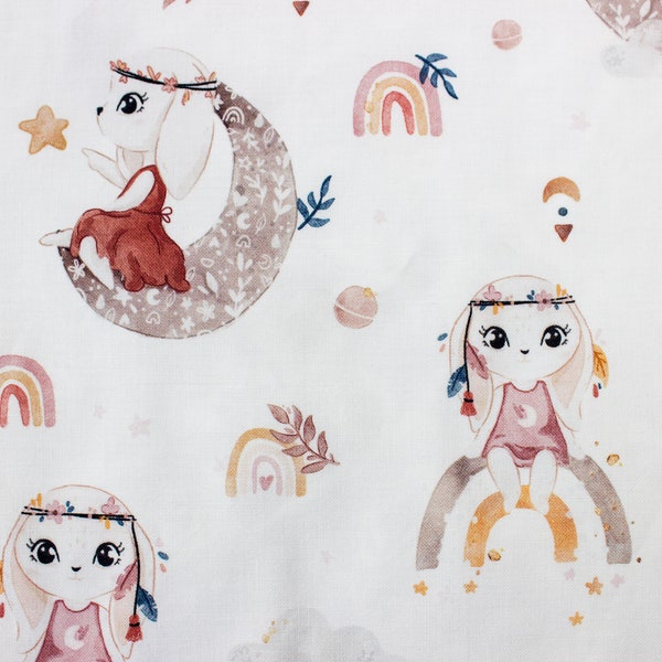 Boho Bunny Fabric, Bunny on Moon et Rainbow Boho Nursery, coton imprimé numérique premium, largeur 155cm /61 »