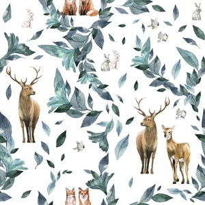 Deer Fabric, Woodland Animals Cotton Fabric, Forest Animals Deer, Hare and Fox on Leaves, Premium Digital Print Cotton, Width 155cm /61"